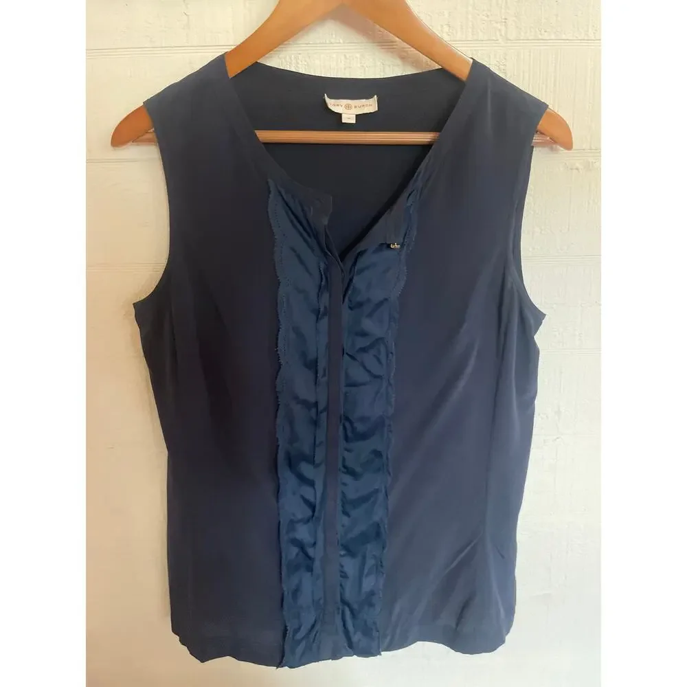 TORY BURCH Navy Blue Silk Sleeveless Blouse Size 8 Shirt Top OFFICE CAREER PREP